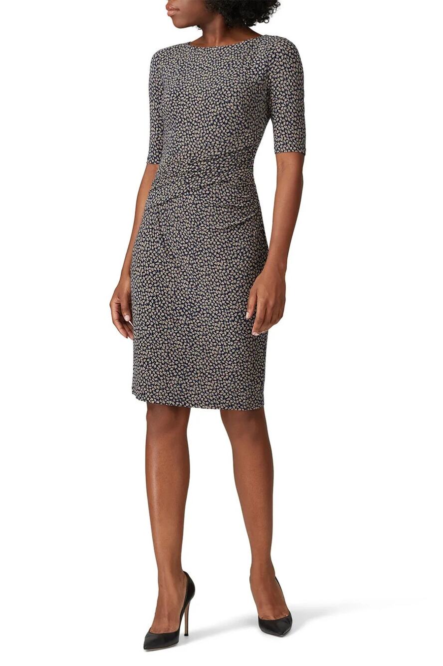 Lauren Ralph Lauren Short Sleeve Sheath Ruched Dress Navy Leaf RP $109 Size 0